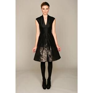 Monique Lhuillier black satin cocktail dress floral burnout design at Bottom